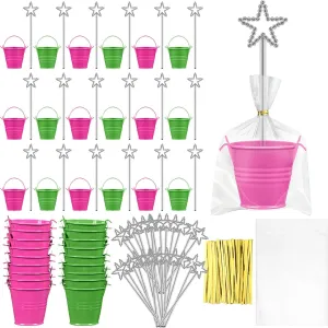 18 Kit Witch Mini Sequin Star Wands Small Metal Buckets with Handle Galvanized Bucket Pail with Bag Costume Accessories for Pink Green Witch Themed Birthday Party Supply
