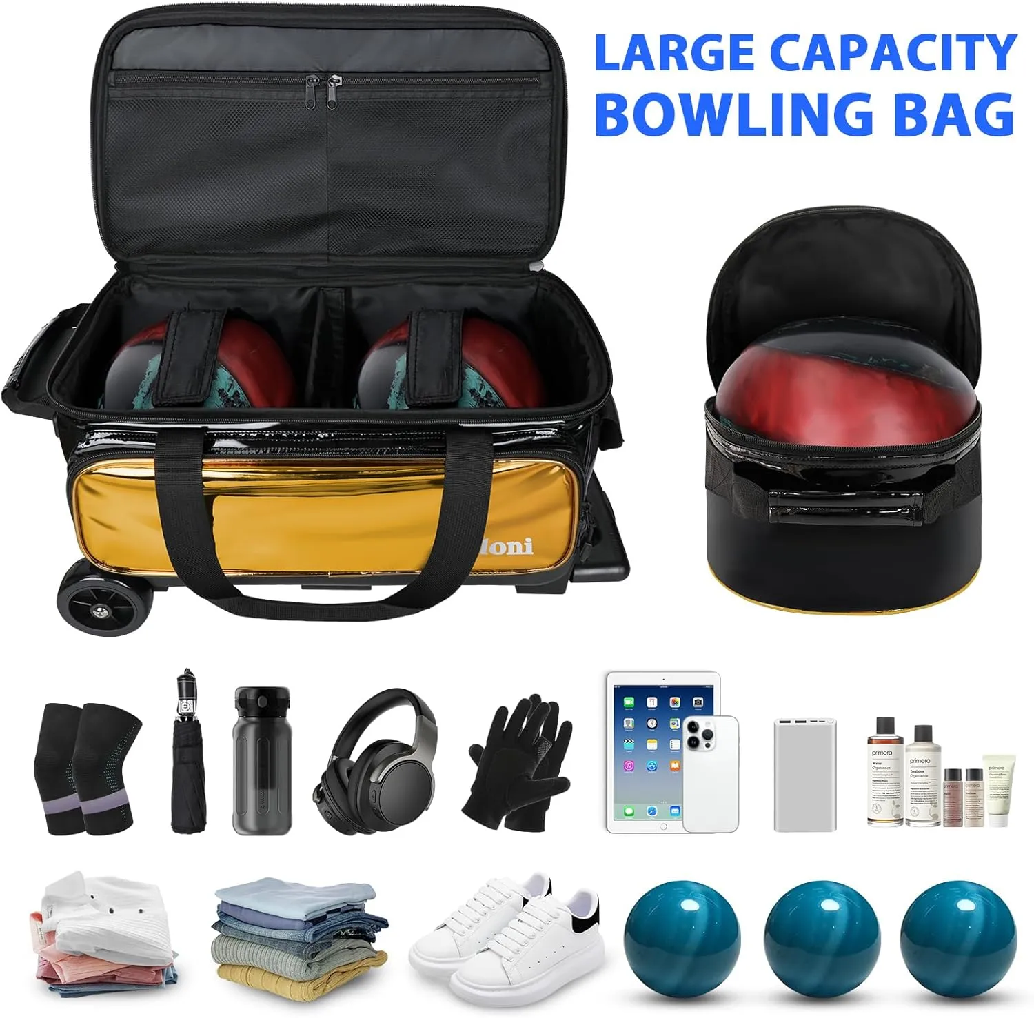 2 Ball Bowling Bag with Wheels   1 Ball Color Matching Add On Tote,Rolling 3 Ball Bowling Bag with Shoe Compartment