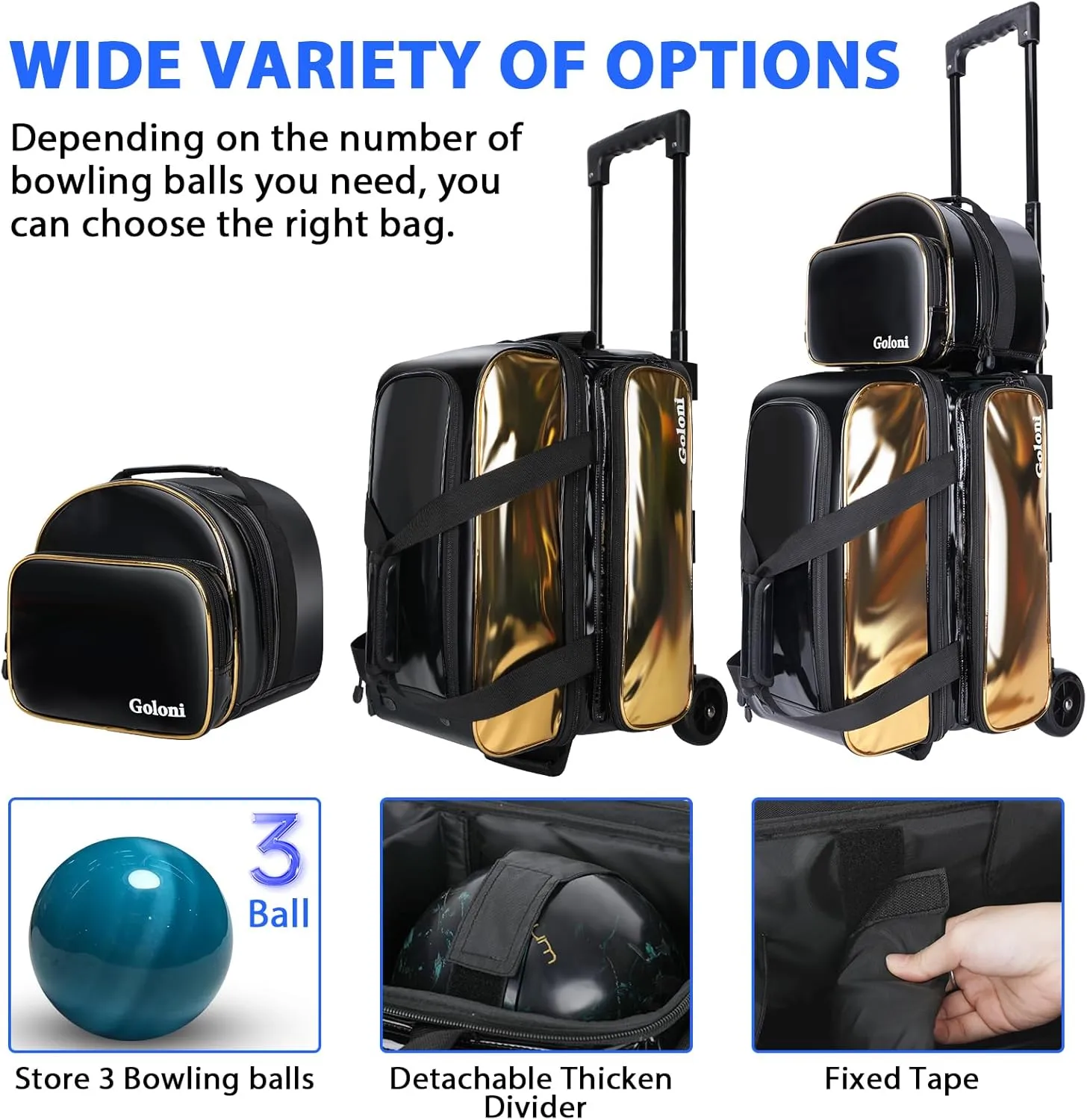 2 Ball Bowling Bag with Wheels   1 Ball Color Matching Add On Tote,Rolling 3 Ball Bowling Bag with Shoe Compartment