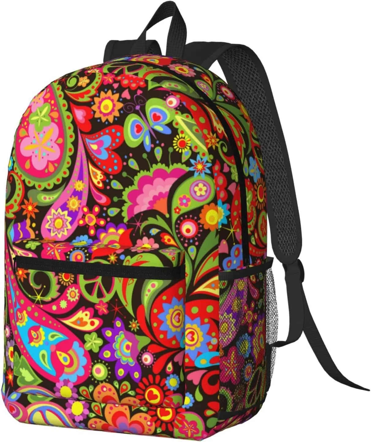 60s 70s Hippie Flowers Peace Love Vivid Paisley Flowers 17 Inch Backpacks Multipurpose Laptop Backpack Double Shoulder Bag for Men Women Gifts