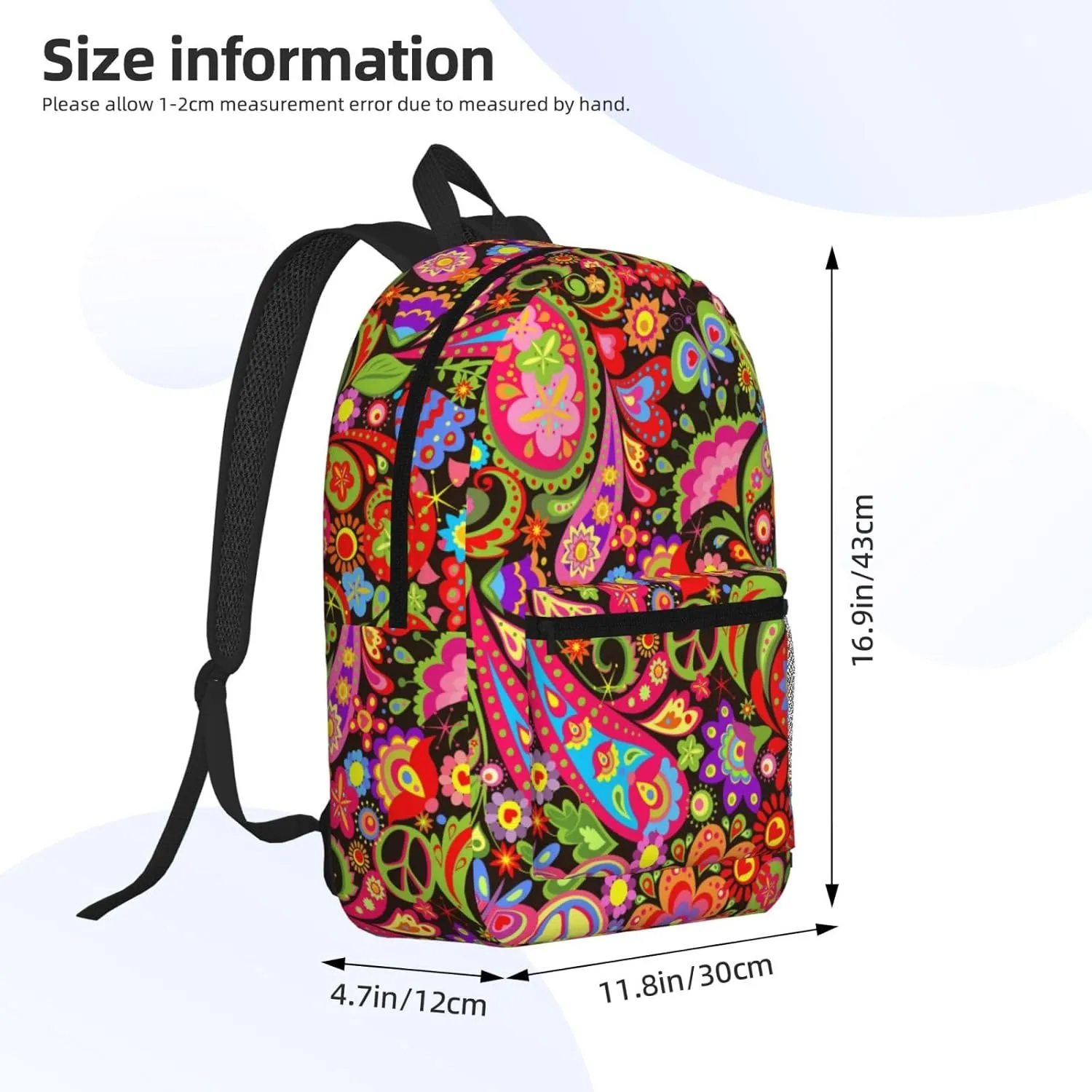 60s 70s Hippie Flowers Peace Love Vivid Paisley Flowers 17 Inch Backpacks Multipurpose Laptop Backpack Double Shoulder Bag for Men Women Gifts