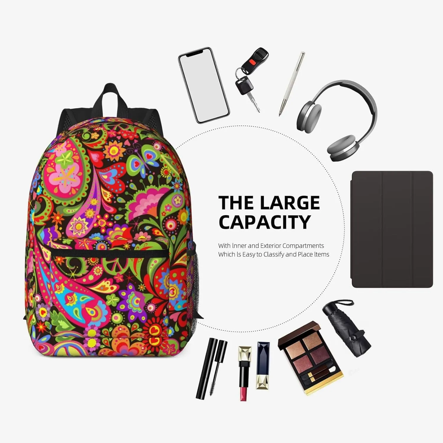 60s 70s Hippie Flowers Peace Love Vivid Paisley Flowers 17 Inch Backpacks Multipurpose Laptop Backpack Double Shoulder Bag for Men Women Gifts