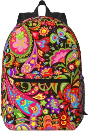 60s 70s Hippie Flowers Peace Love Vivid Paisley Flowers 17 Inch Backpacks Multipurpose Laptop Backpack Double Shoulder Bag for Men Women Gifts