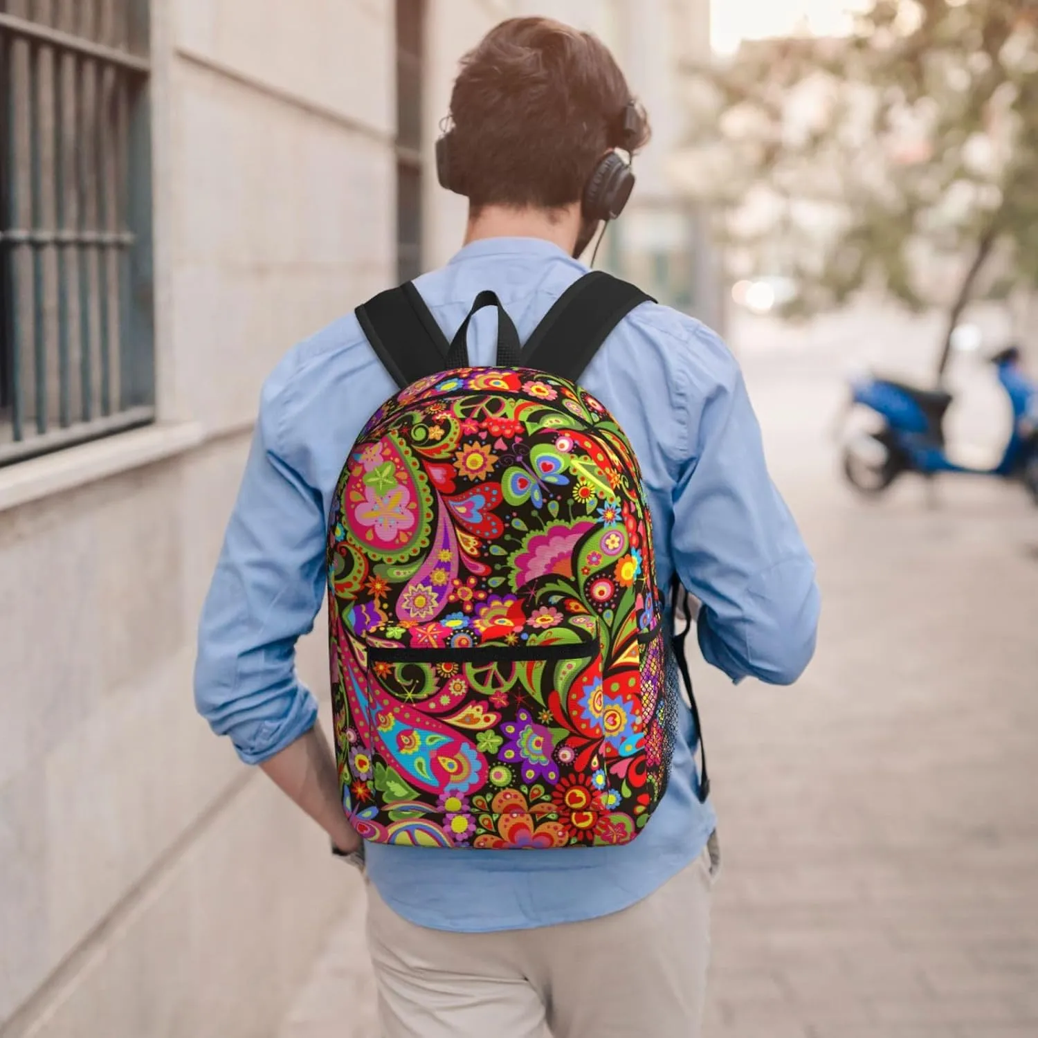 60s 70s Hippie Flowers Peace Love Vivid Paisley Flowers 17 Inch Backpacks Multipurpose Laptop Backpack Double Shoulder Bag for Men Women Gifts