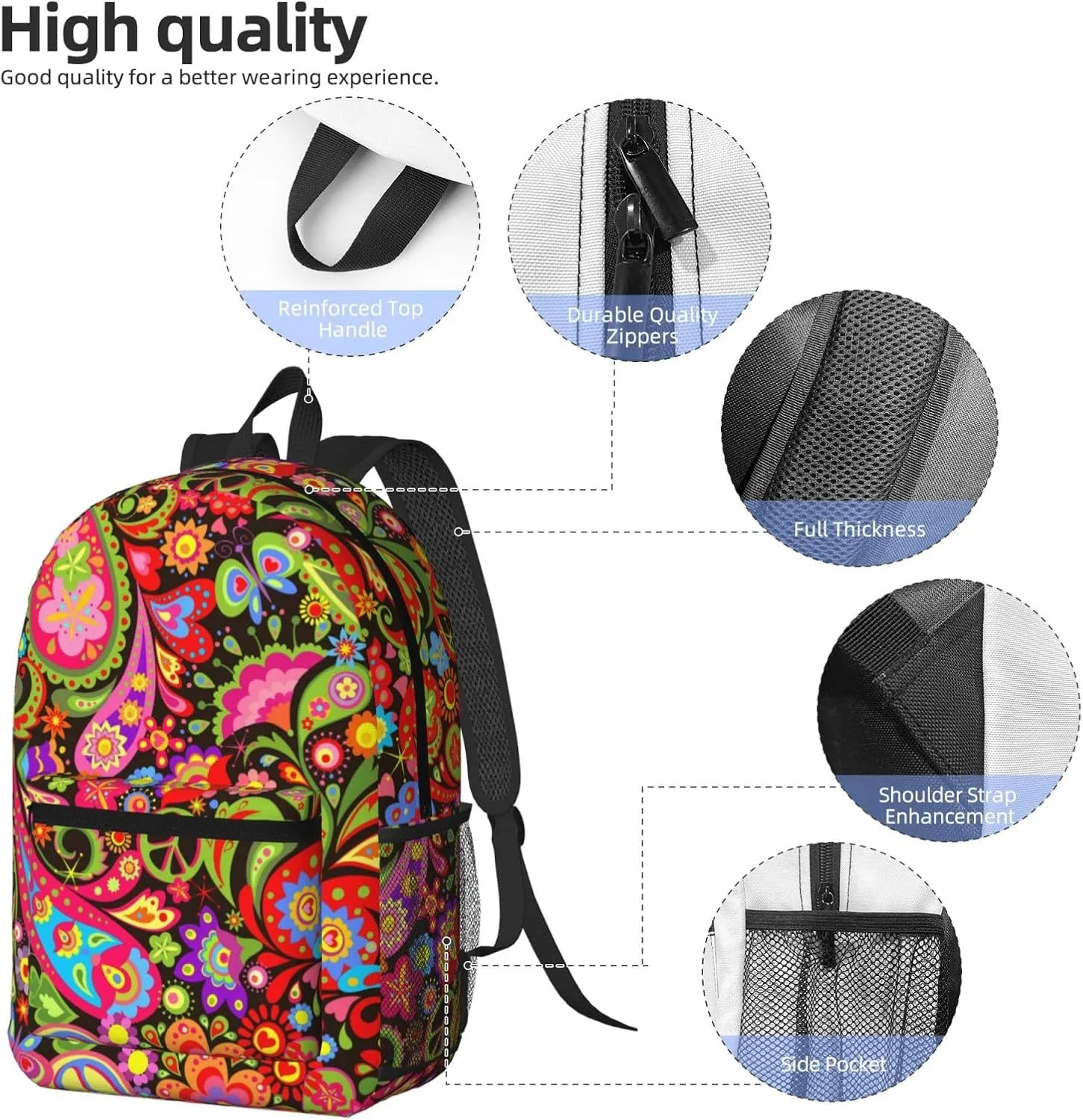 60s 70s Hippie Flowers Peace Love Vivid Paisley Flowers 17 Inch Backpacks Multipurpose Laptop Backpack Double Shoulder Bag for Men Women Gifts