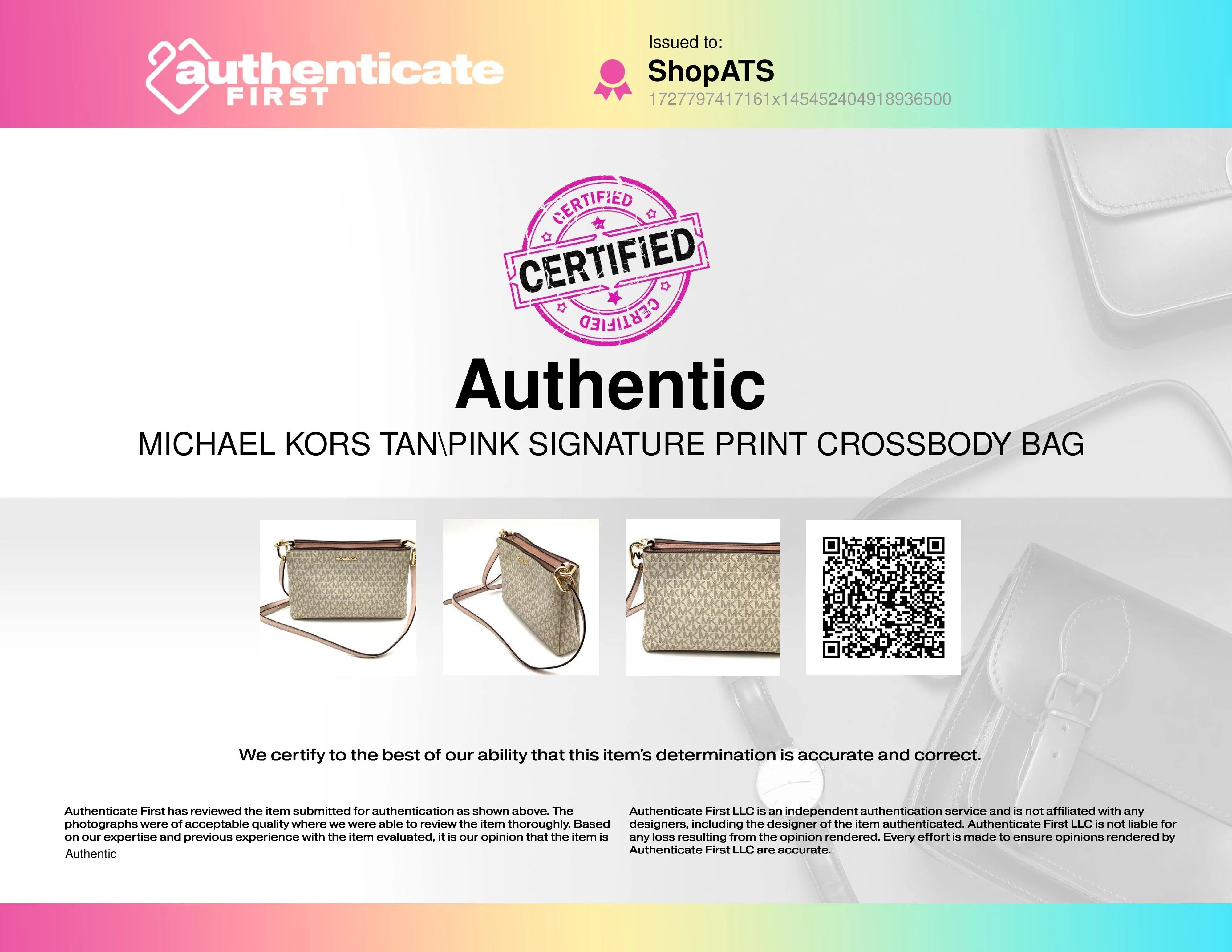 Authentic Michael Kors Women's Tan Pink Signature Crossbody Bag - COA Included