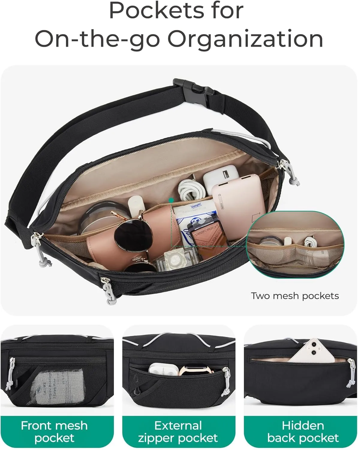 BAGSMART Fanny Packs for Women Belt Bag with Adjustable Strap Crossbody Waist Bag Pack for Running Hiking Workout Travel, Blush Pink