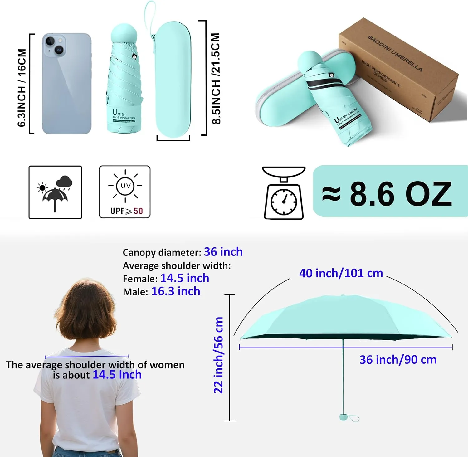 BAODINI Travel Mini Umbrella for Purse With Case Small Compact UV Sun Protection Sun Lightweight Tiny Pocket Umbrella for Women Kids and Men