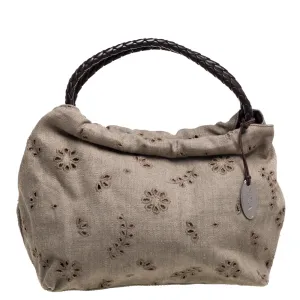 Beige Canvas and Brown Leather Floral Cut Out Shoulder Bag