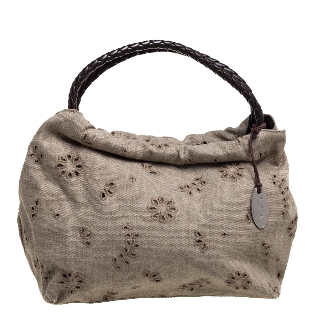 Beige Canvas and Brown Leather Floral Cut Out Shoulder Bag