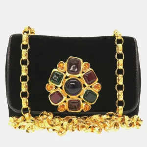 Black Suede Multicolor Stone Gold Chain Shoulder Bag