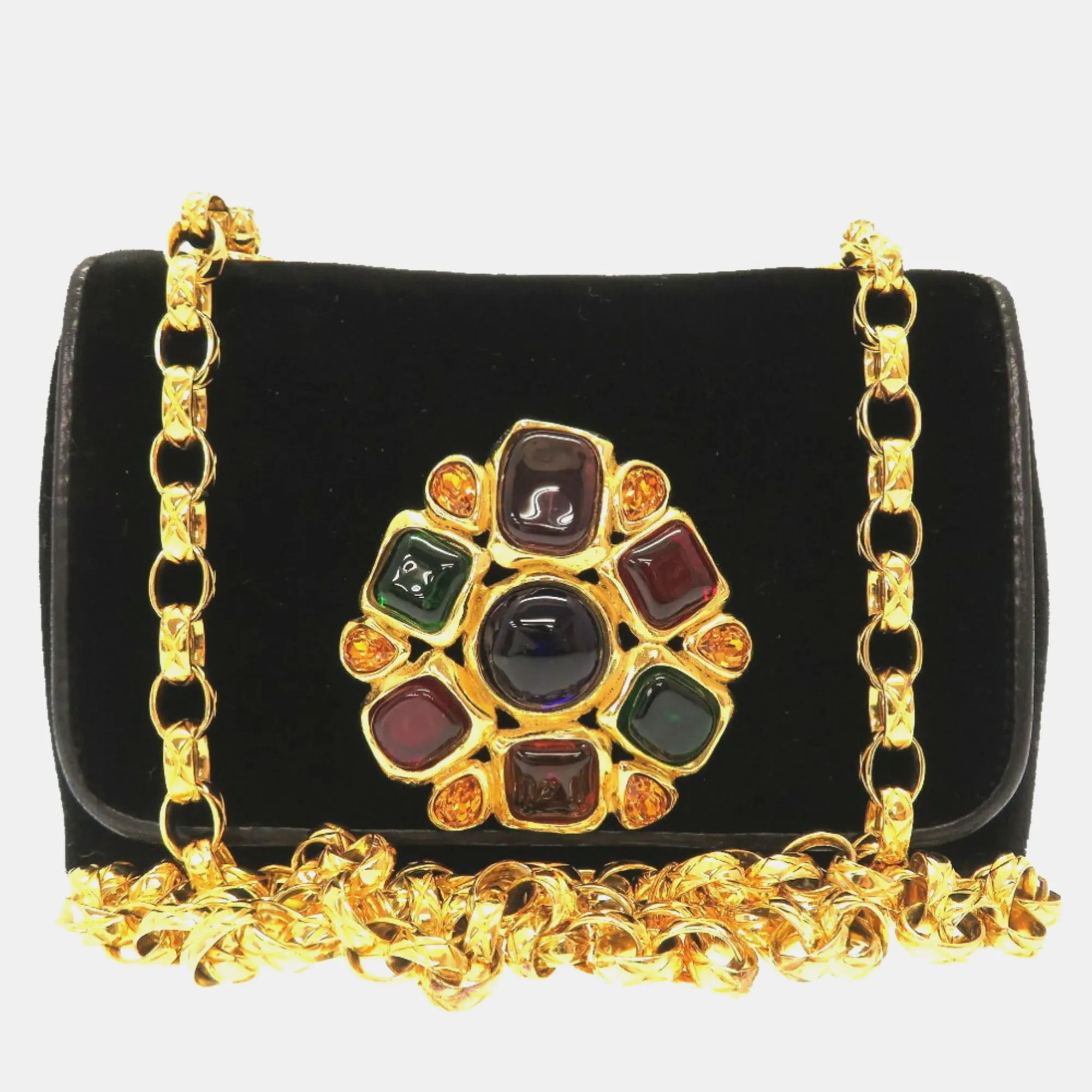 Black Suede Multicolor Stone Gold Chain Shoulder Bag