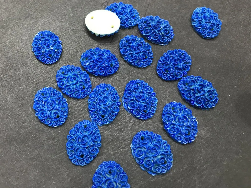Blue Matte Flower Oval Resin Stone (2 Hole- 18x13 mm)