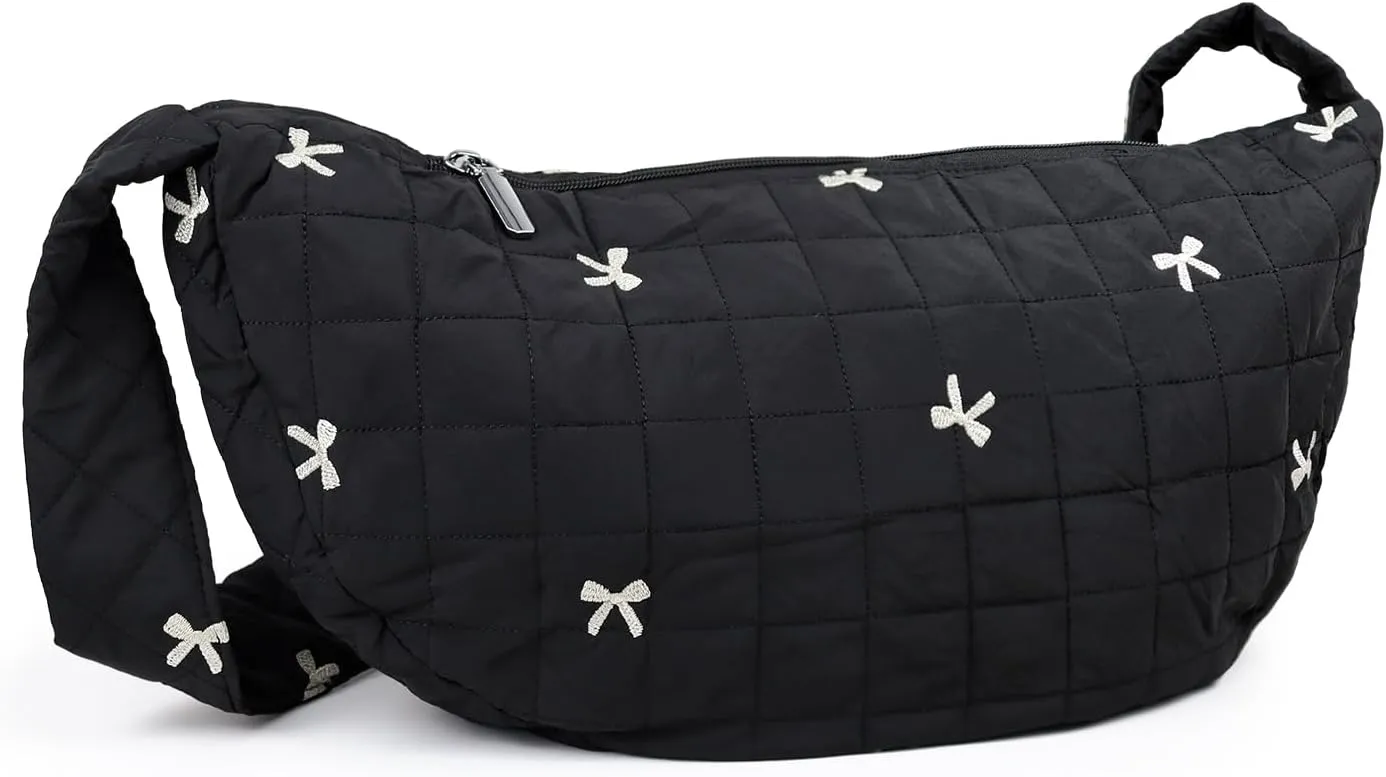 Bow Embroidered Sling Bag, Crossbody Bags for Women with Pocket & Zipper, Puffer Tote Bag with Shoulder Strap