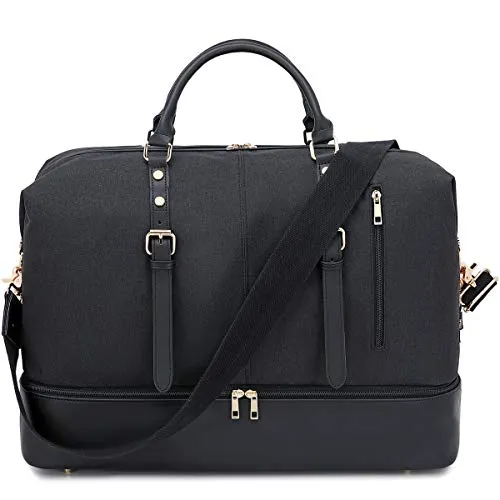 Canvas Overnight Bag Oversized Travel Duffel Leather for Men and Women Weekender Tote (Black-D)