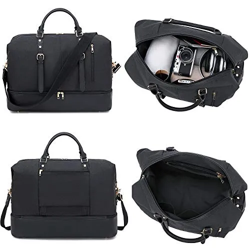 Canvas Overnight Bag Oversized Travel Duffel Leather for Men and Women Weekender Tote (Black-D)