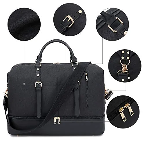 Canvas Overnight Bag Oversized Travel Duffel Leather for Men and Women Weekender Tote (Black-D)