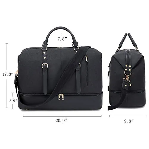 Canvas Overnight Bag Oversized Travel Duffel Leather for Men and Women Weekender Tote (Black-D)