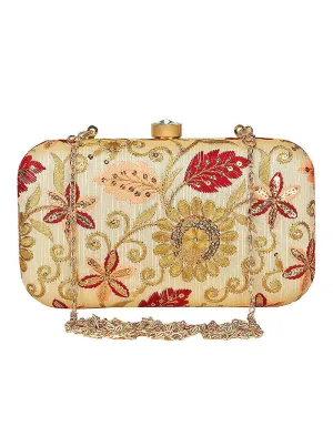 Cream Designer Embroidery Heavy Clutches-Accessories