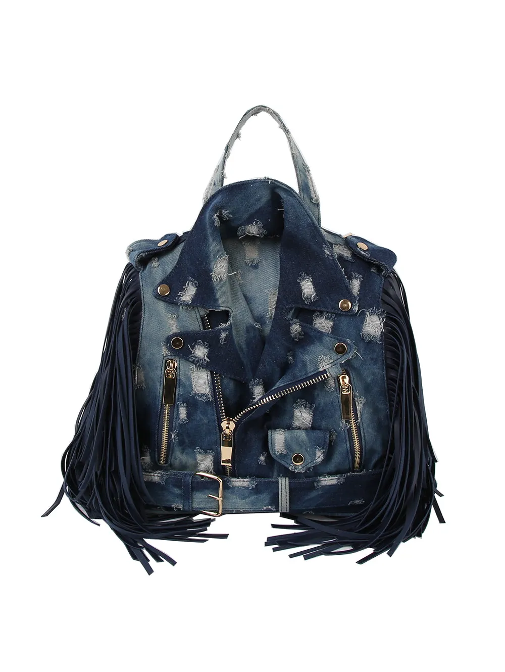 Denim Fringe Motorcycle Jacket Backpack
