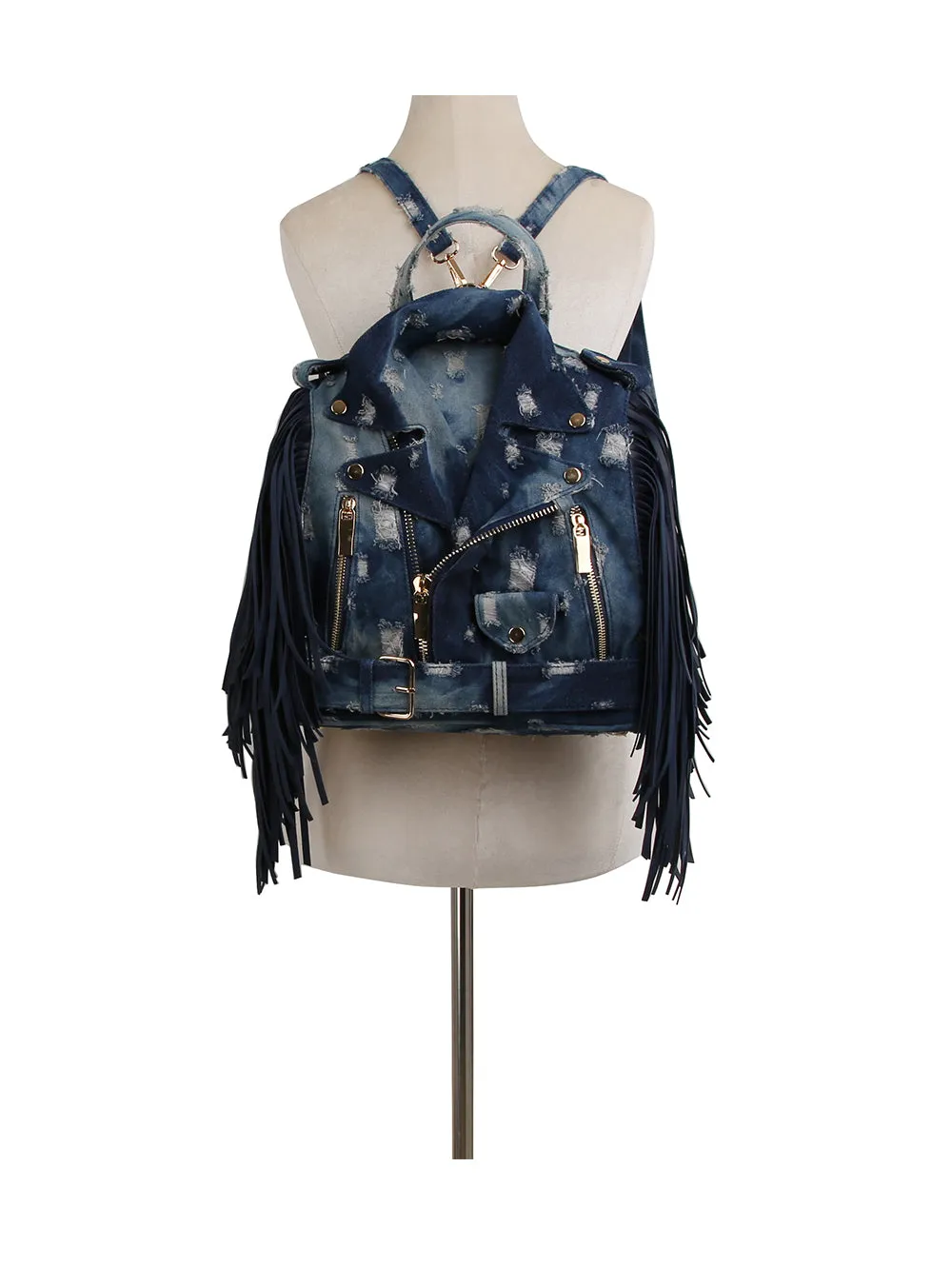 Denim Fringe Motorcycle Jacket Backpack