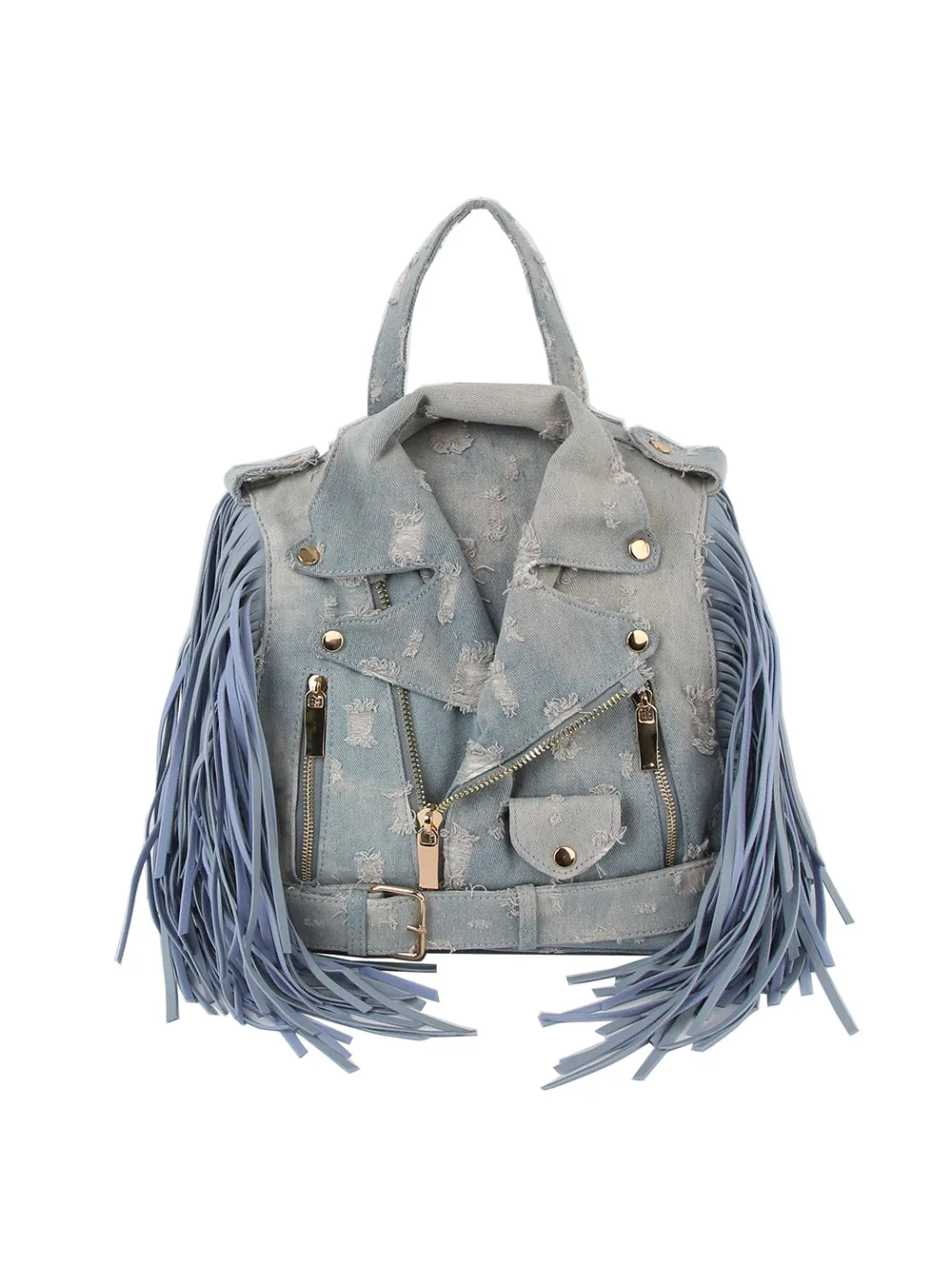 Denim Fringe Motorcycle Jacket Backpack