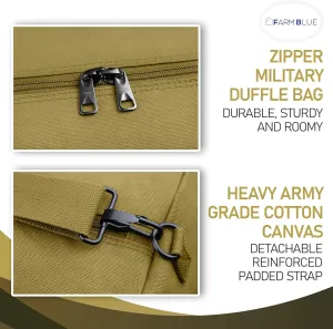 Farm Blue GI Style Zipper Duffle Bag Heavy Duty Army Duffle Bags - Military Grade Cotton Canvas Duffel Bag - Reinforced Camping Bag - Strong Zipper & Center Grab Handle (Olive Drab, X-Large)