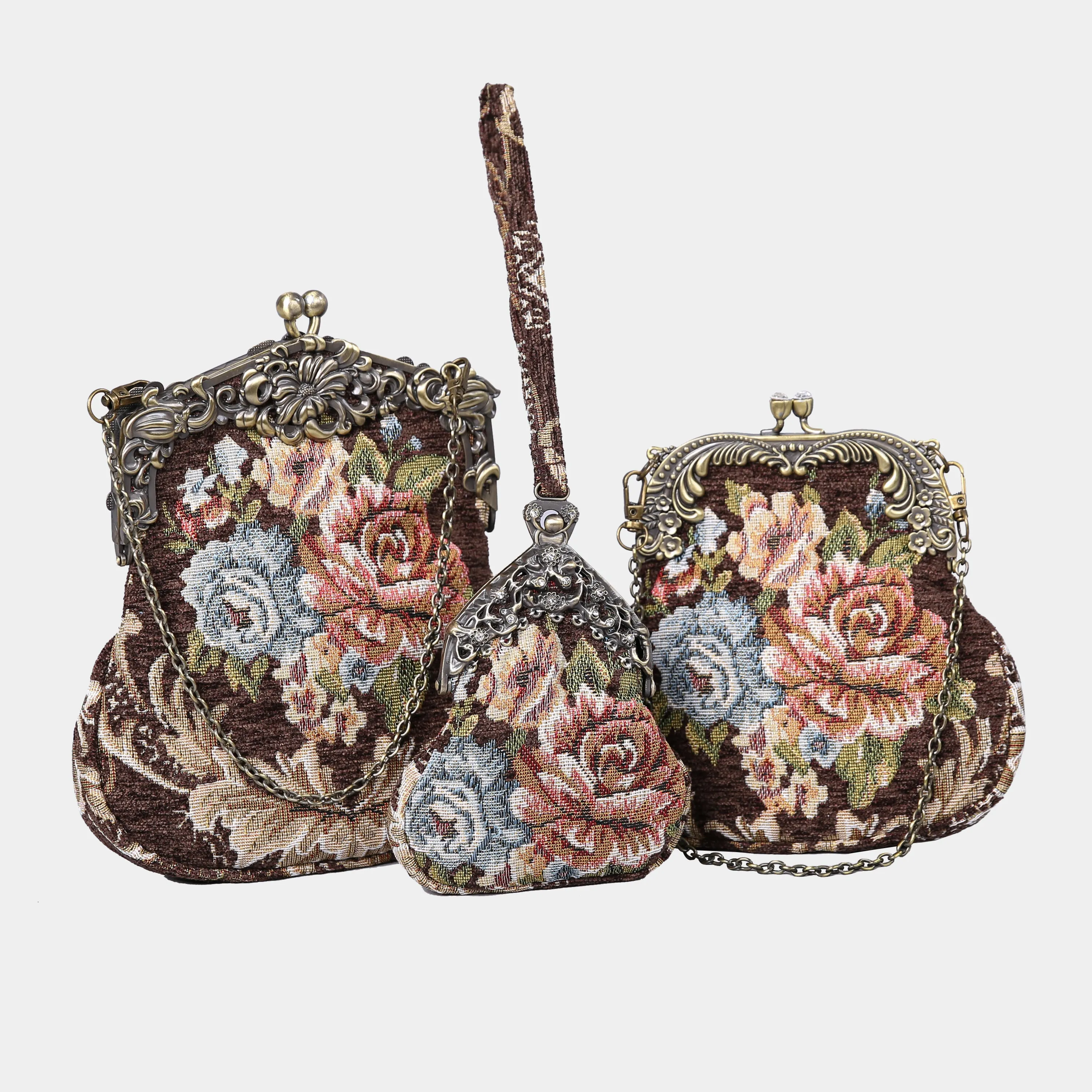 Floral Brown Chatelaine Purse Large