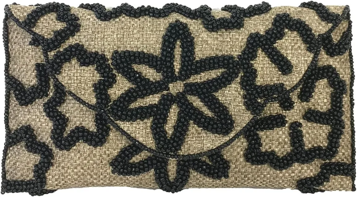 Flower Beaded Raffia Fold Over Clutch Crossbody, Black
