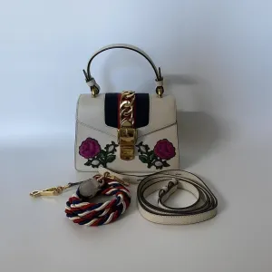 Gucci Sylvie Floral Embroidered White Leather Top Handle Bag