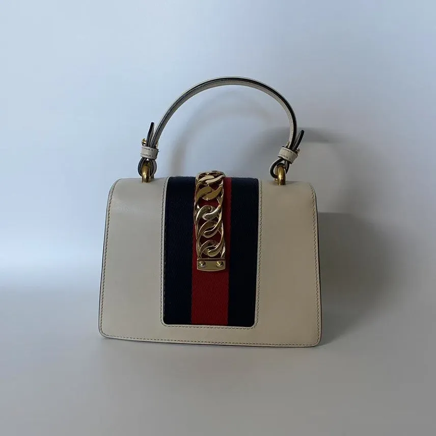Gucci Sylvie Floral Embroidered White Leather Top Handle Bag