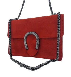 Italian Designer - Swolit Camilla Soft Red Suede Leather Crossbody Bag with Horseshoe