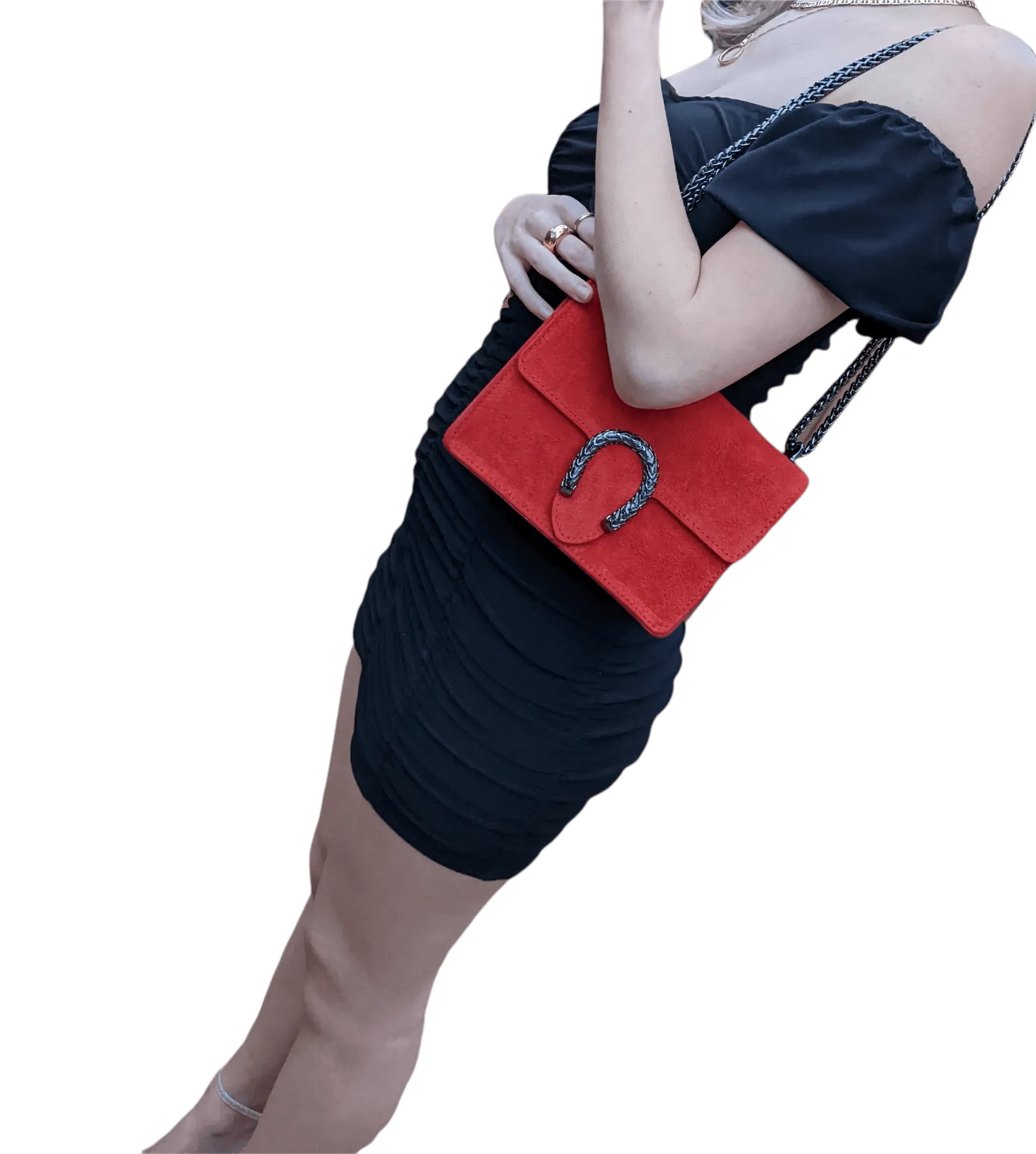 Italian Designer - Swolit Camilla Soft Red Suede Leather Crossbody Bag with Horseshoe