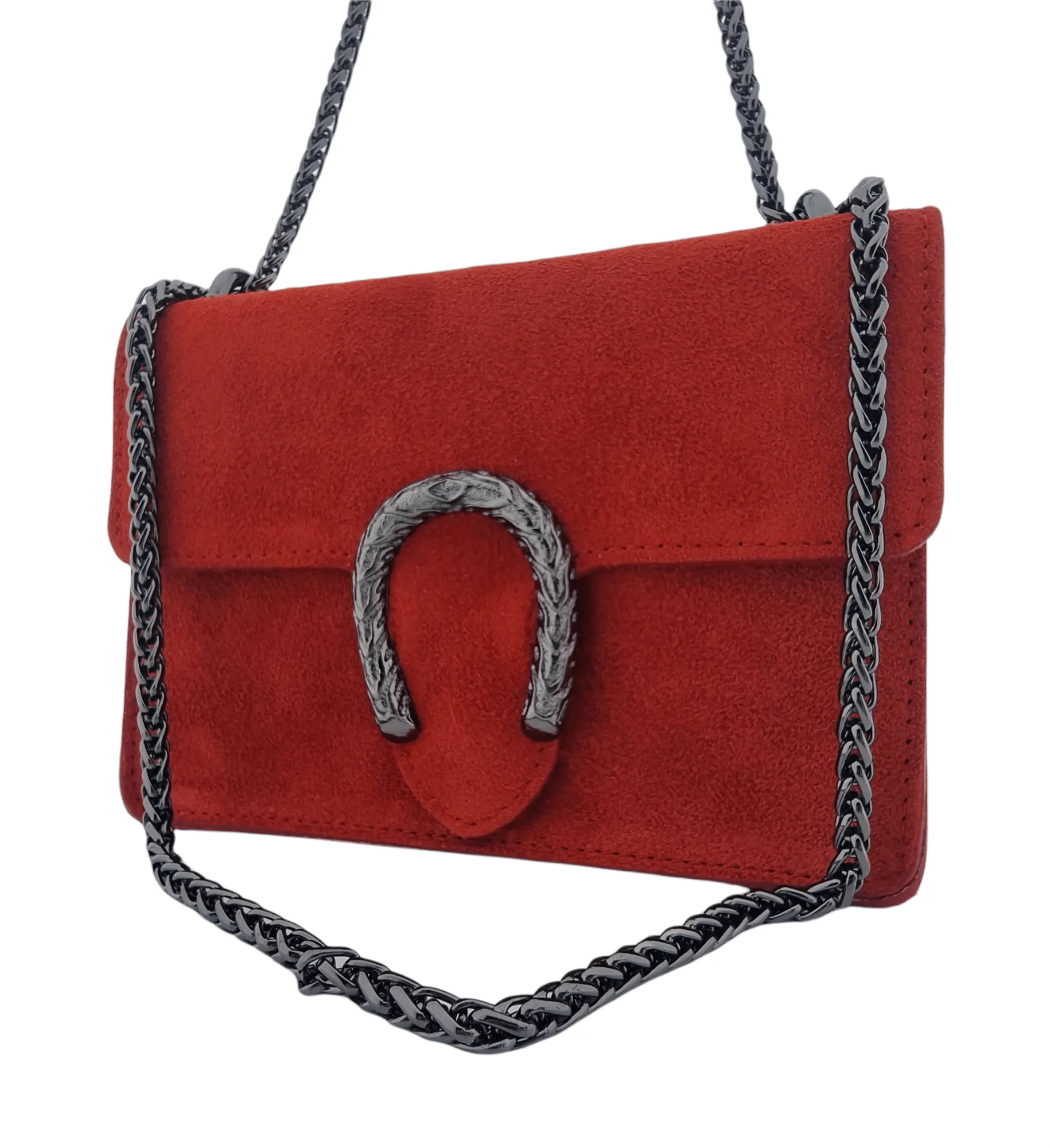 Italian Designer - Swolit Camilla Soft Red Suede Leather Crossbody Bag with Horseshoe