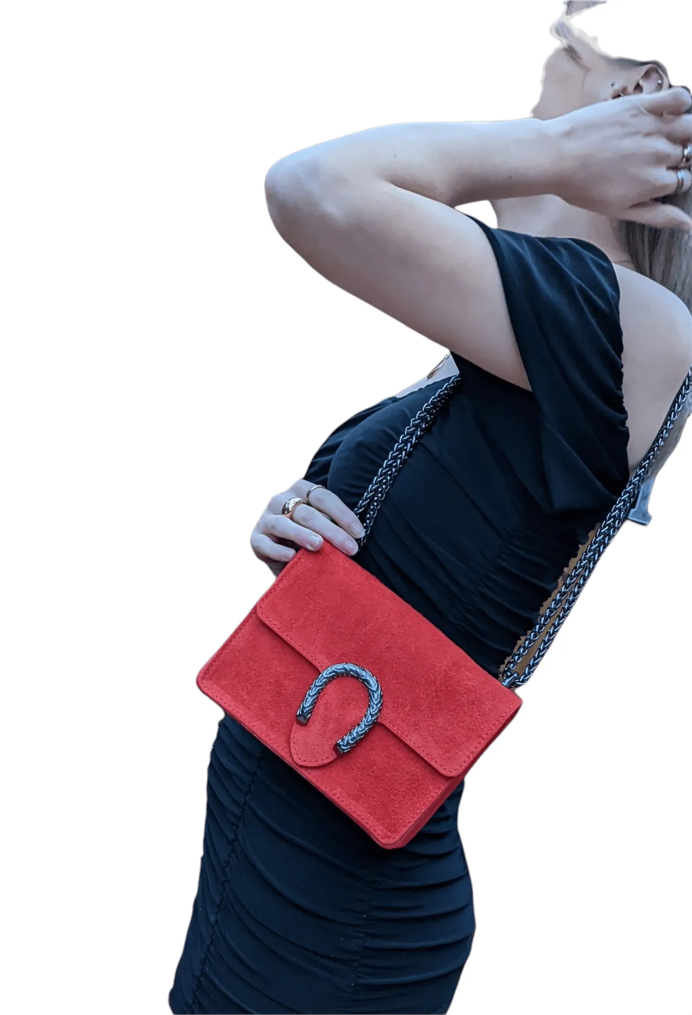 Italian Designer - Swolit Camilla Soft Red Suede Leather Crossbody Bag with Horseshoe