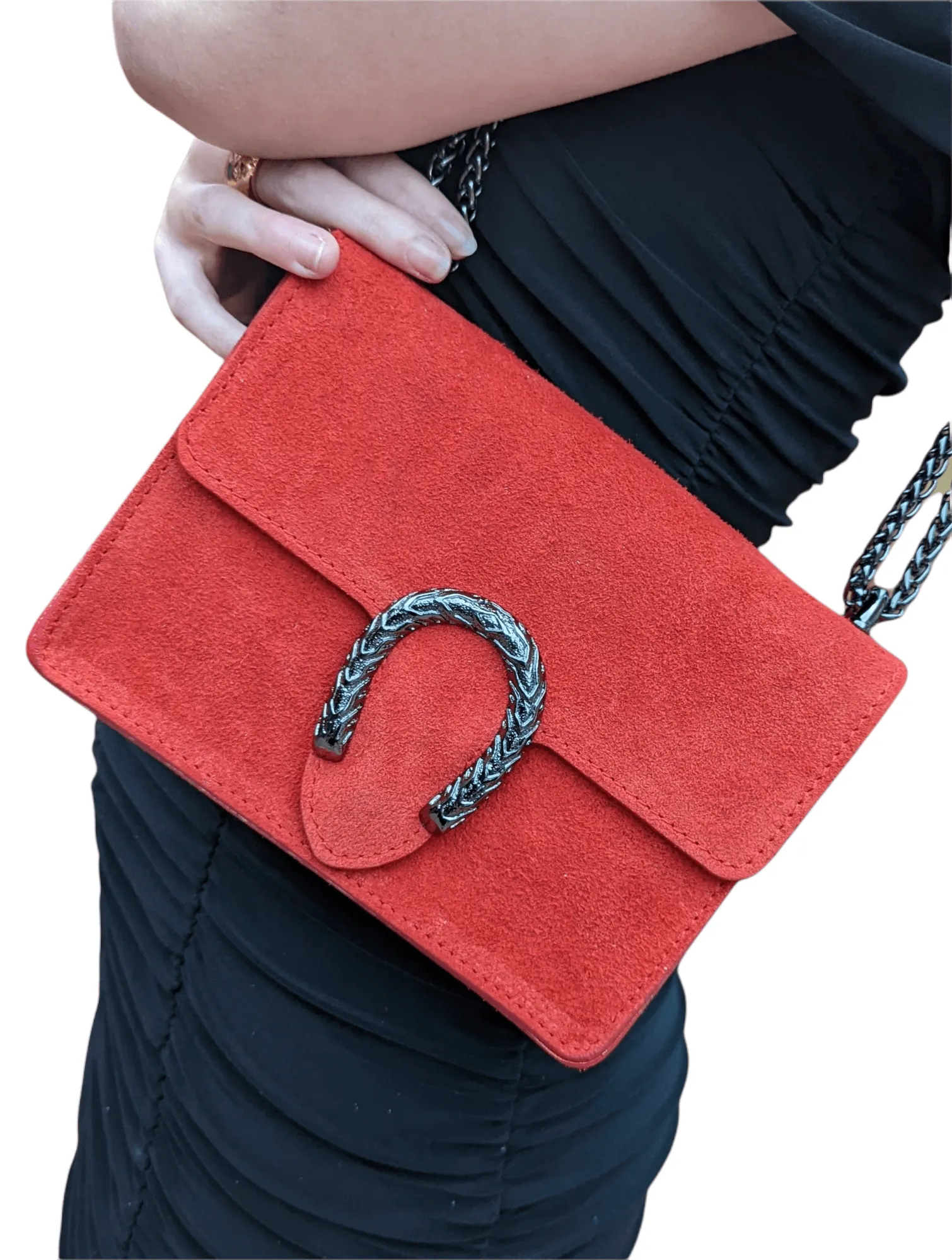 Italian Designer - Swolit Camilla Soft Red Suede Leather Crossbody Bag with Horseshoe