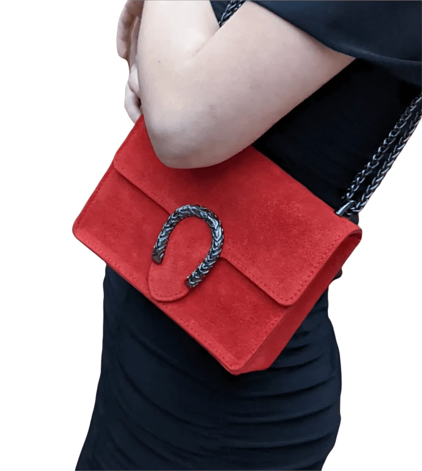 Italian Designer - Swolit Camilla Soft Red Suede Leather Crossbody Bag with Horseshoe