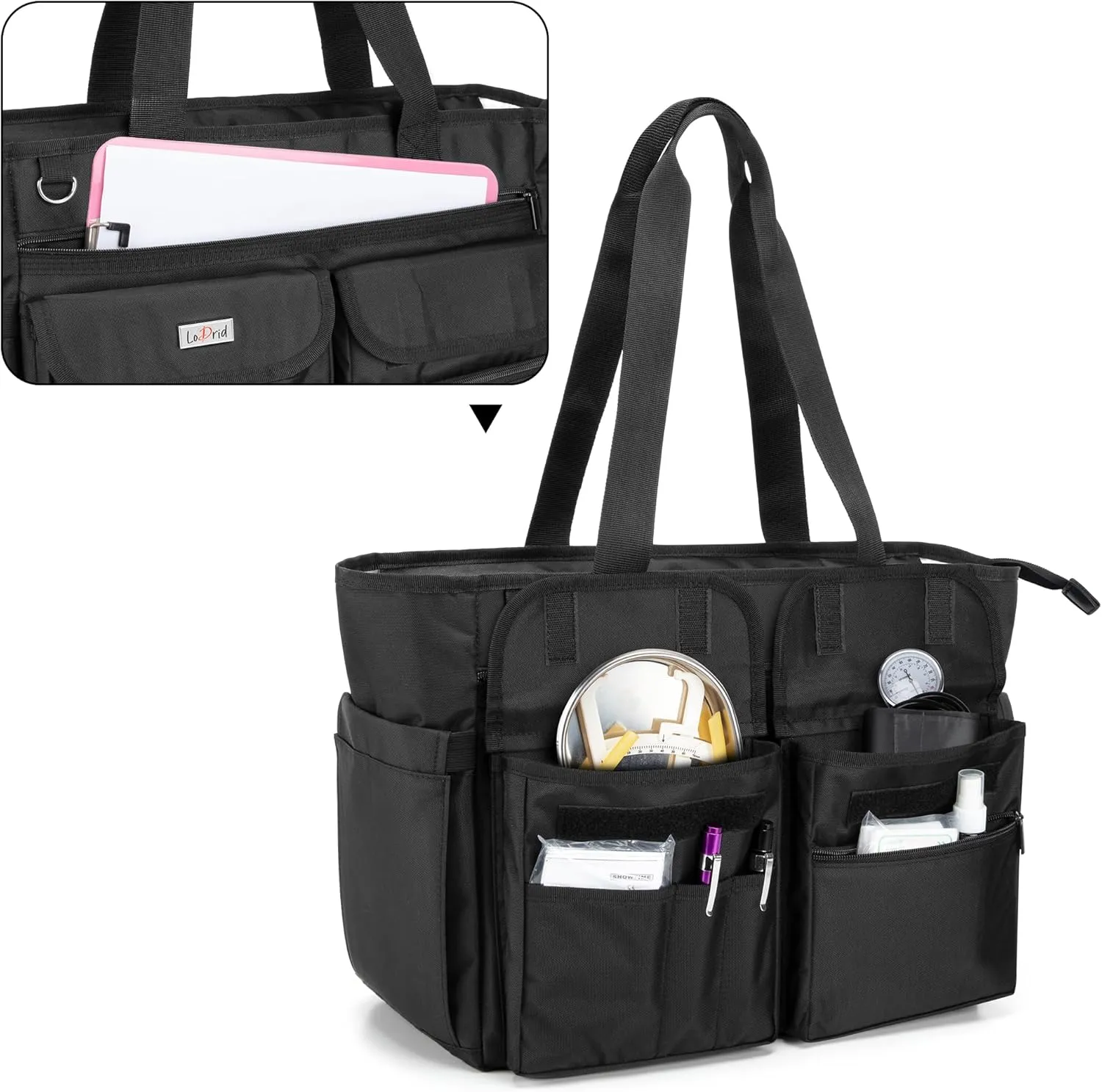 LoDrid Nurse Tote Bag with Bottom Padded Pad, Nurse Bags and Totes for Work with Large Compartment, Bag Only