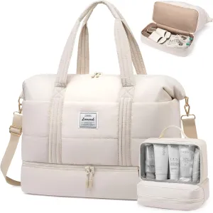 LOVEVOOK Travel Duffle Bag for Women, 3Pcs Puffer Large Weekender Overnight Bag with Shoe Compartment, Water Resistant Gym Duffel Bag, Carry on Bag for Hospital Delivery with Toiletry Organizer
