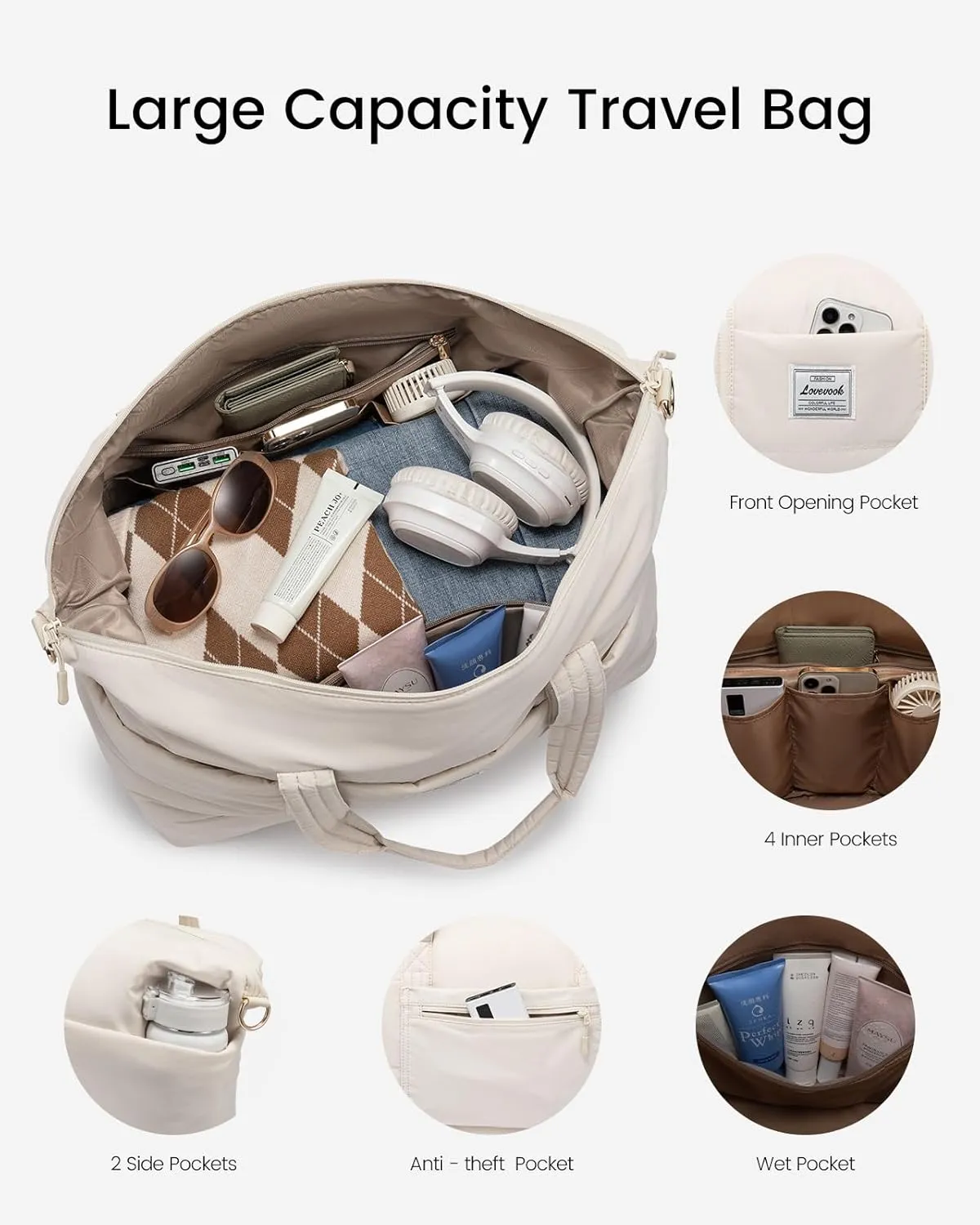 LOVEVOOK Travel Duffle Bag for Women, 3Pcs Puffer Large Weekender Overnight Bag with Shoe Compartment, Water Resistant Gym Duffel Bag, Carry on Bag for Hospital Delivery with Toiletry Organizer
