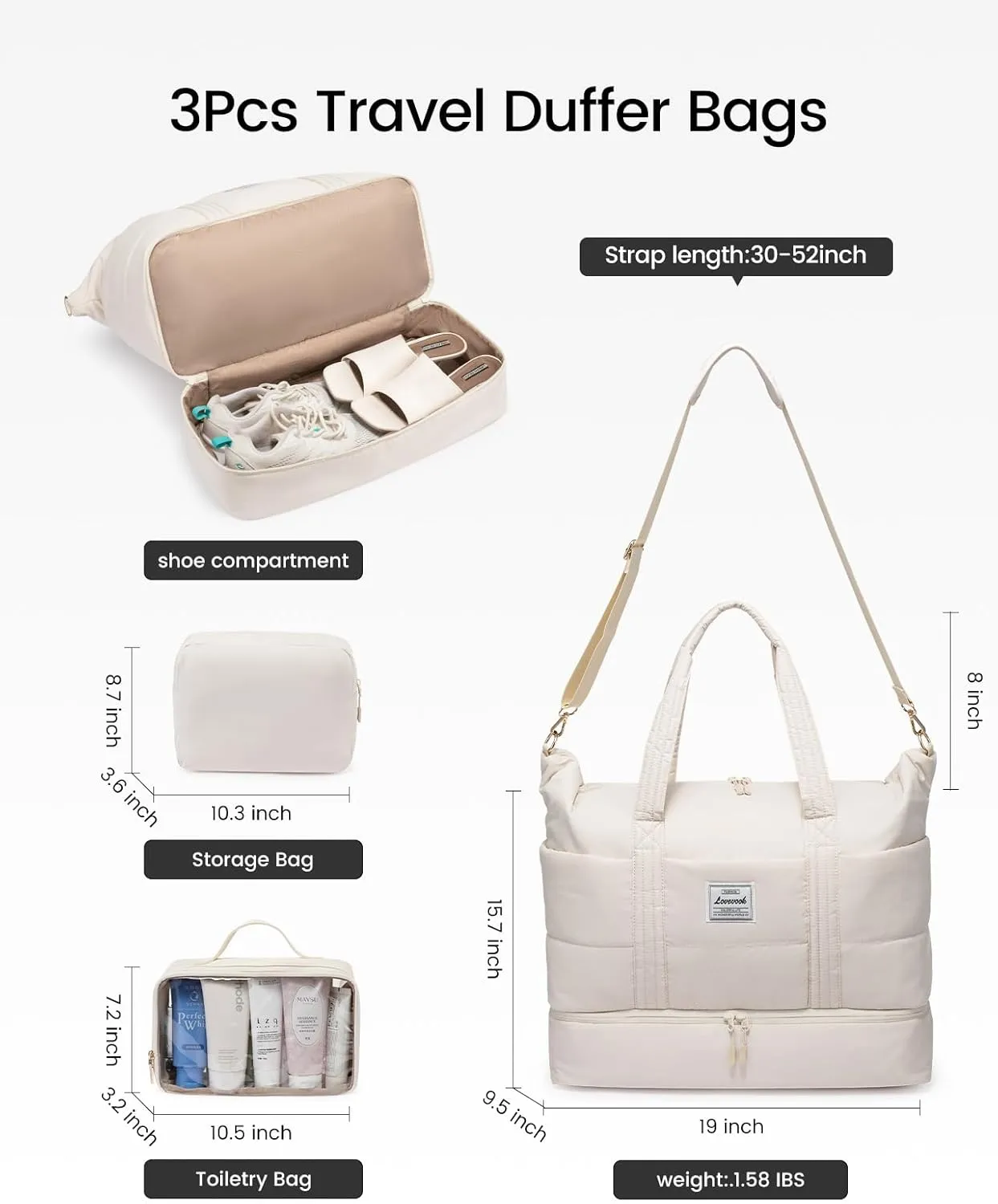 LOVEVOOK Travel Duffle Bag for Women, 3Pcs Puffer Large Weekender Overnight Bag with Shoe Compartment, Water Resistant Gym Duffel Bag, Carry on Bag for Hospital Delivery with Toiletry Organizer