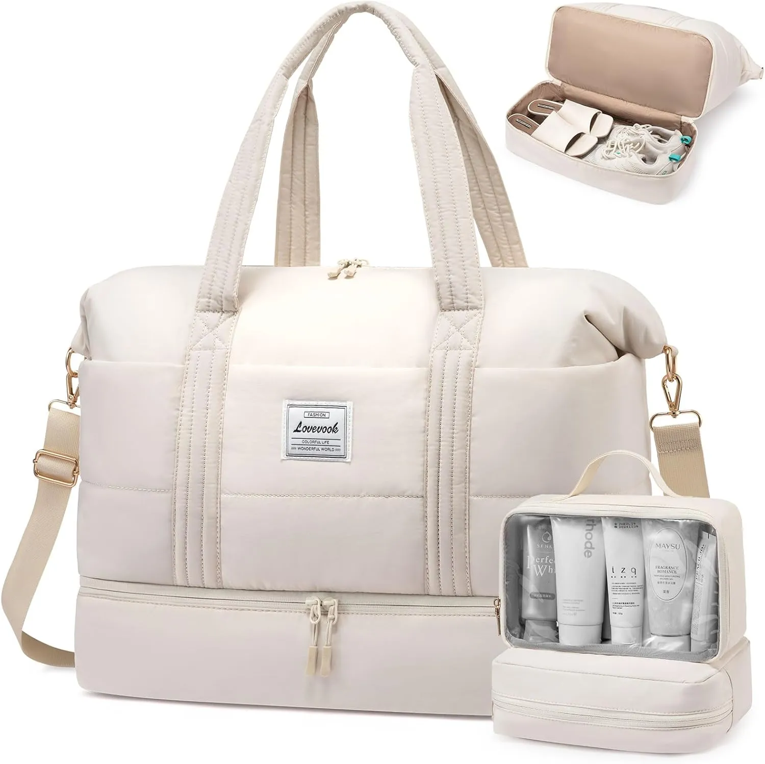 LOVEVOOK Travel Duffle Bag for Women, 3Pcs Puffer Large Weekender Overnight Bag with Shoe Compartment, Water Resistant Gym Duffel Bag, Carry on Bag for Hospital Delivery with Toiletry Organizer