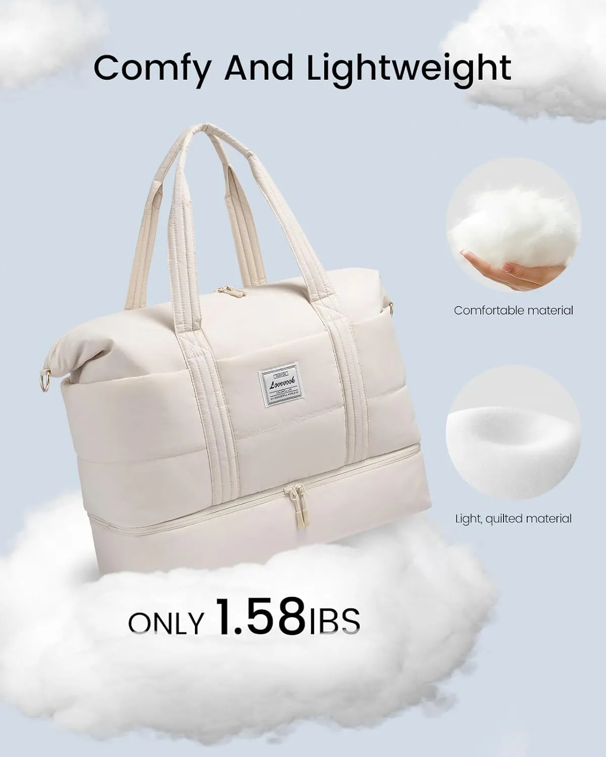 LOVEVOOK Travel Duffle Bag for Women, 3Pcs Puffer Large Weekender Overnight Bag with Shoe Compartment, Water Resistant Gym Duffel Bag, Carry on Bag for Hospital Delivery with Toiletry Organizer