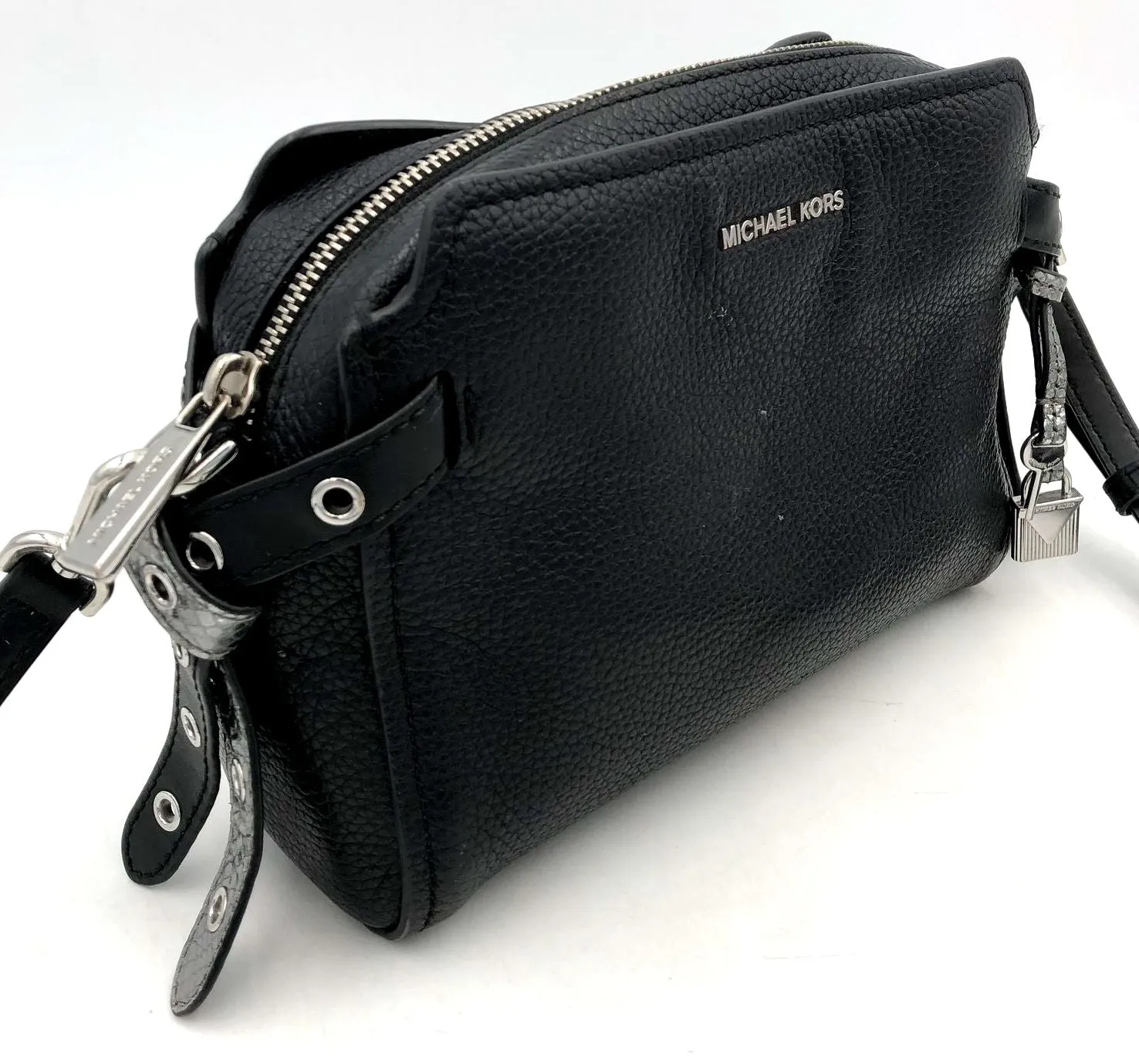 Michael Kors Bristol Black Pebbled Leather Crossbody Bag w/ Silver Detail ( COA)