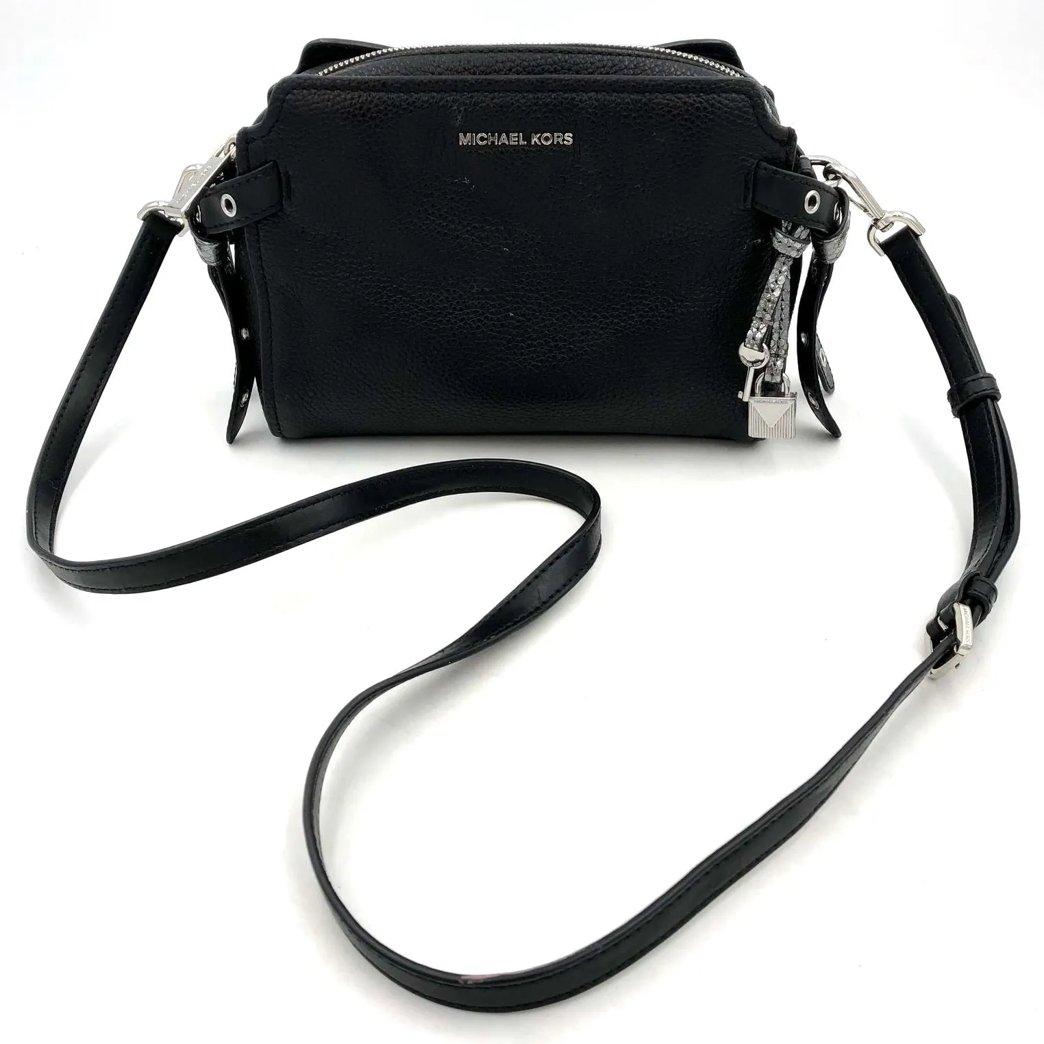 Michael Kors Bristol Black Pebbled Leather Crossbody Bag w/ Silver Detail ( COA)
