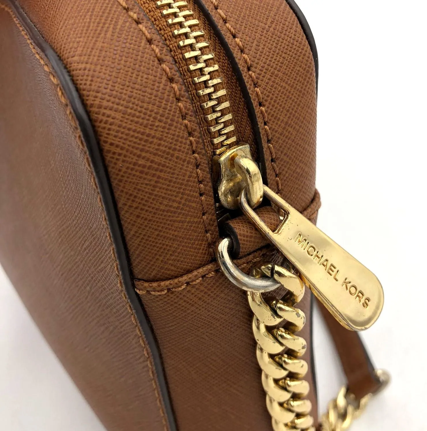 Michael Kors Brown Saffiano Leather Crossbody Bag with Gold-Tone Accents ( COA)