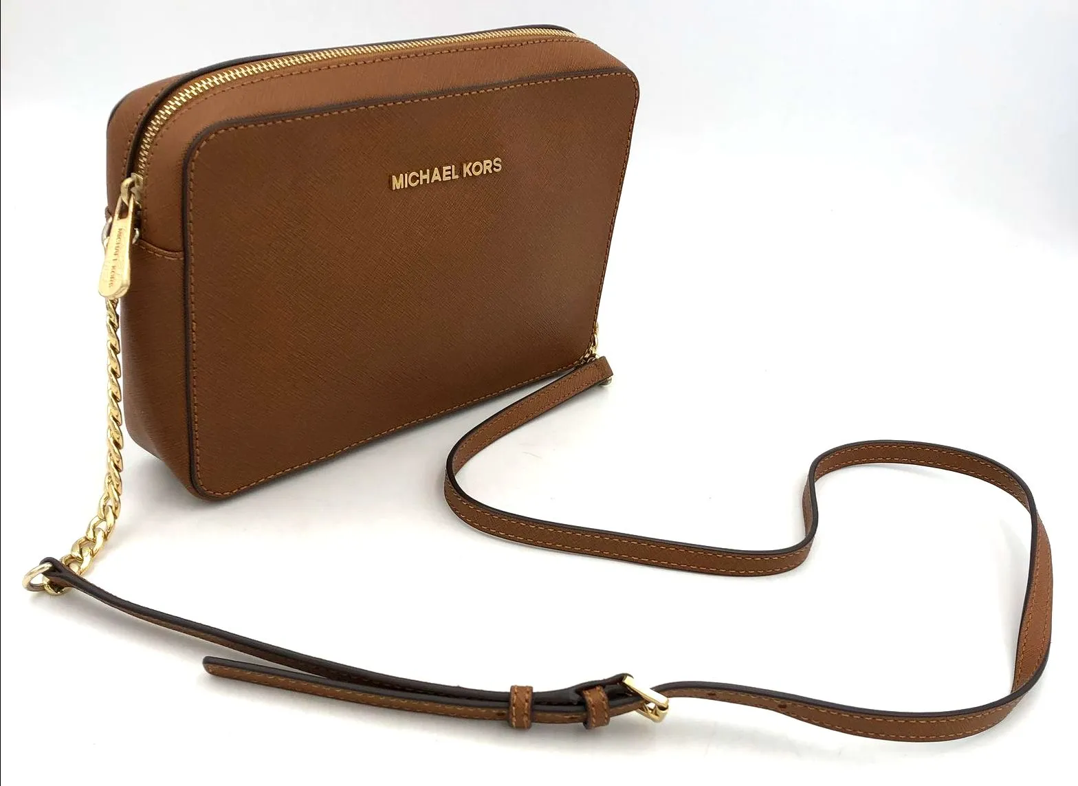 Michael Kors Brown Saffiano Leather Crossbody Bag with Gold-Tone Accents ( COA)