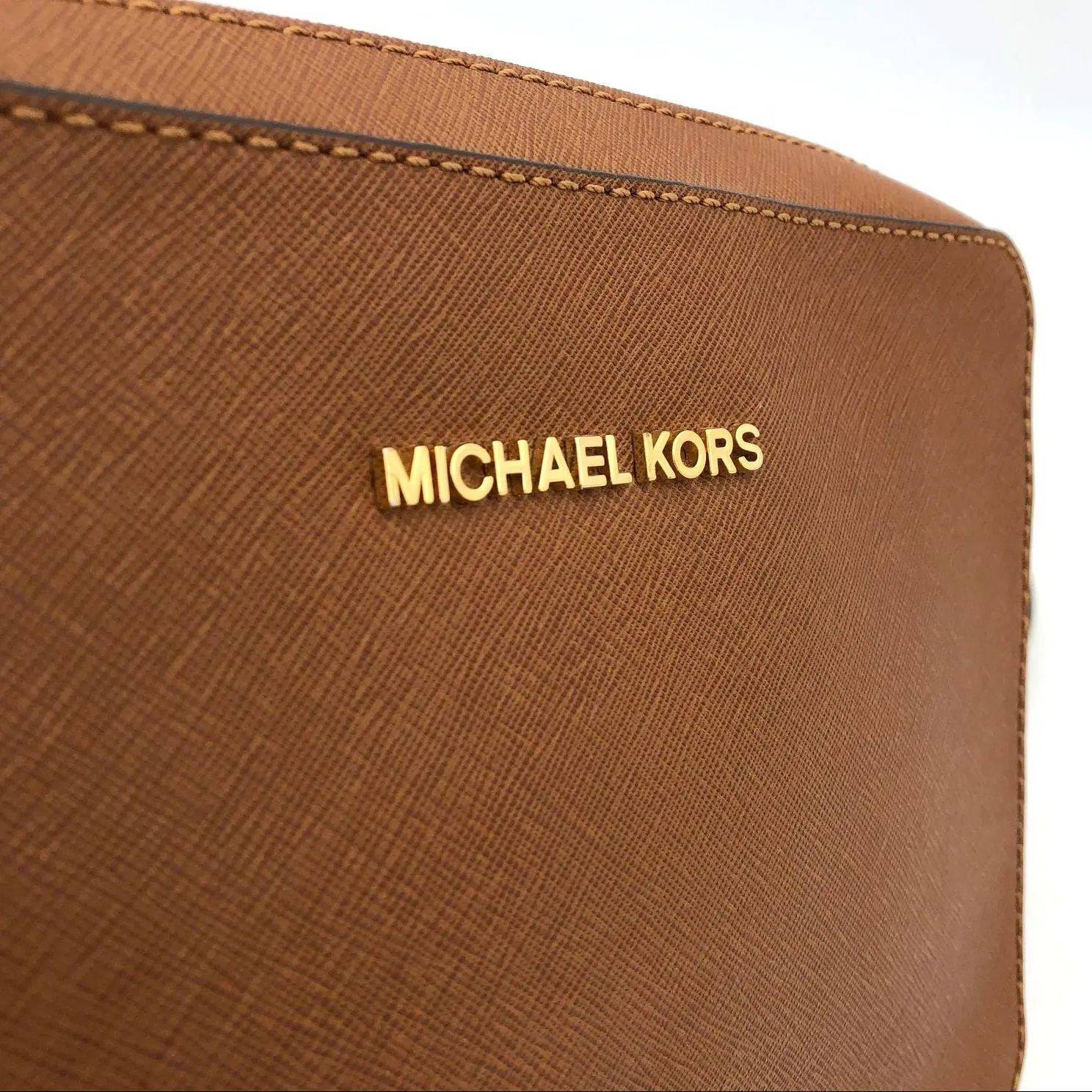 Michael Kors Brown Saffiano Leather Crossbody Bag with Gold-Tone Accents ( COA)