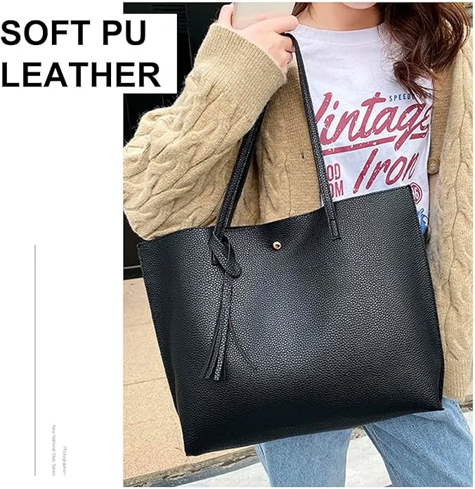 MUNSKT Black Tote Bag for Ladies, Soft Leather Large Capacity Waterproof Modern Handbag with Inner Pocket for Work School Shopping Leisure