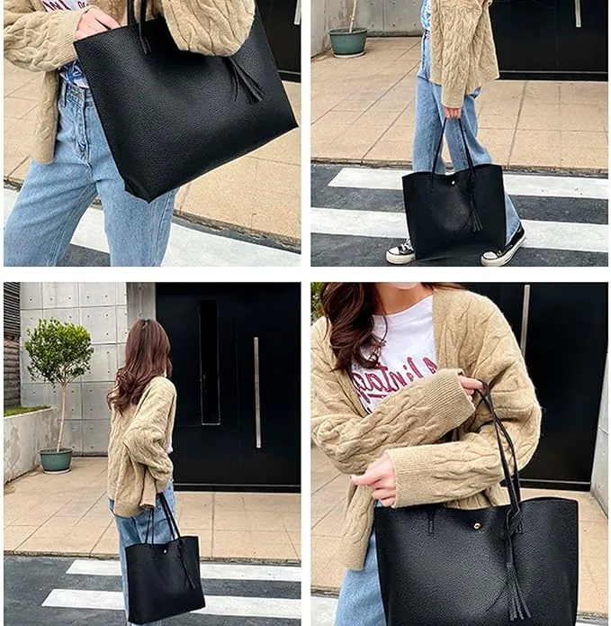 MUNSKT Black Tote Bag for Ladies, Soft Leather Large Capacity Waterproof Modern Handbag with Inner Pocket for Work School Shopping Leisure